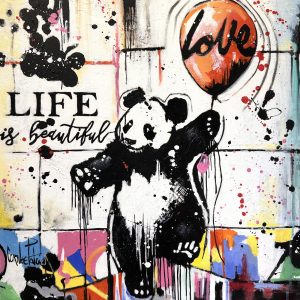 2101 peinture pop art de patrick corn e repr sentant un panda avec un ballon love . uvre originale sur toile inspir e du street art