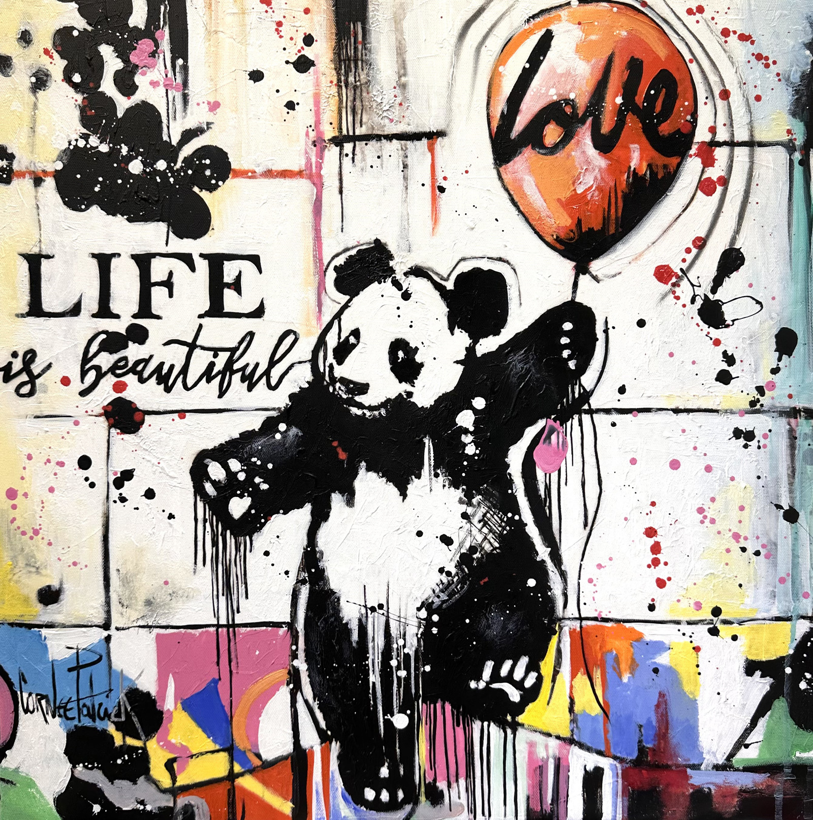 2101 peinture pop art de patrick corn e repr sentant un panda avec un ballon love . uvre originale sur toile inspir e du street art